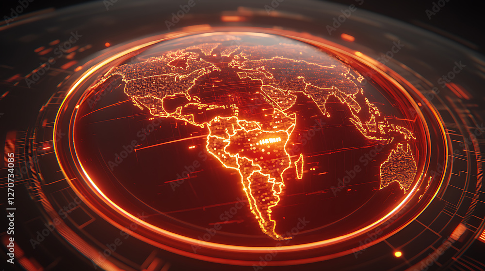 Poster illuminated world a digital globe displaying continents and network connections in red and orange hu