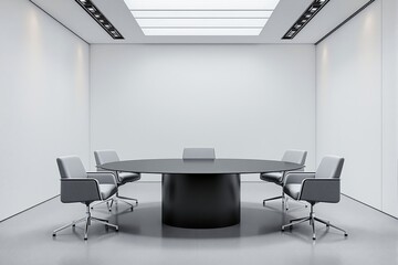 Minimalist conference room with a sleek round table and stylish gray chairs in a bright, clean, and well-lit space. Concept of modern design. Ai generative