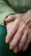 Fototapeta premium Close-up of elderly hands resting gently on each other.