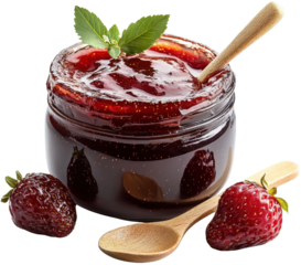 Strawberry jam in a glass jar, white isolate background