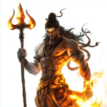 A digital painting depicts a figure believed to represent Lord Shiva, adorned with traditional jewelry and holding a trident. He stands amidst a swirling, cosmic background composed of colorful nebula