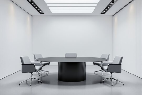 Minimalist conference room with a sleek round table and stylish gray chairs in a bright, clean, and well-lit space. Concept of modern design. Ai generative