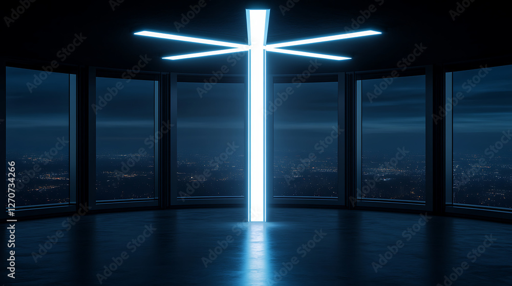 Poster illuminating light structure in modern high rise building architecture and cityscape night view
