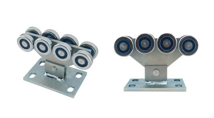 Steel wheel with bearing for sliding gates isolated on white background.  Accessories for sliding...