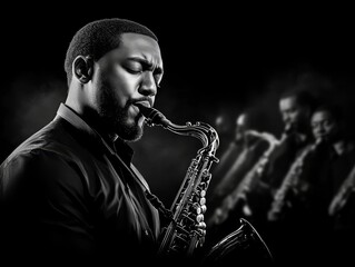 A saxophonist performs passionately, eyes closed, lost in the music. The image captures him in sharp focus, with blurred figures of fellow saxophonists in the background, evoking a soulful jazz vibe.