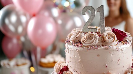 21st birthday celebration with rose decorated cake and balloons for milestone party