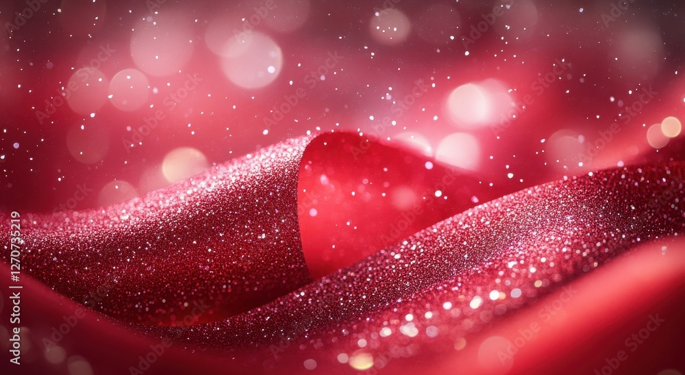 Poster stunning close-up of shimmering red fabric with sparkling glitter and soft folds creating a luxuriou