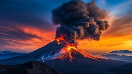 Erupting volcano at sunset with vibrant color and smoke, showcasing nature's power and beauty