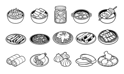 Korean foods outline vector illustration set