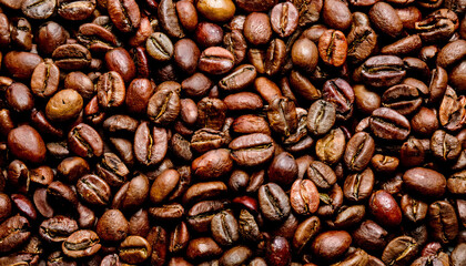 Obraz premium Background filled with coffee beans, highlighting their oval shape, smooth texture, and deep brown color. Perfect for coffee-related, cozy, or art concepts. Texture, background.
