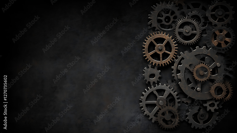 Poster industrial gears and cogs on dark textured background for mechanical and engineering concepts