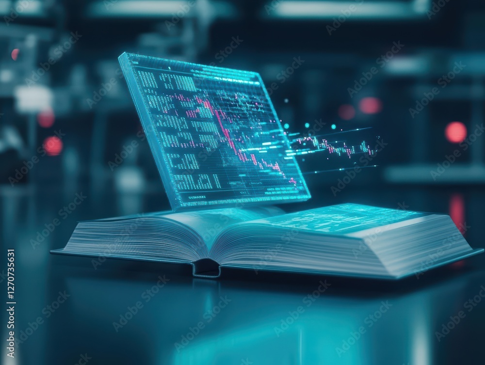 Poster an open book displaying a digital computer image symbolizing the intersection of traditional knowled