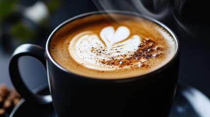Artistic latte art in a black cup for a cozy coffee break