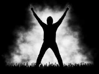 A silhouetted figure strikes a triumphant pose, raising both arms in victory, surrounded by a crowd cheering in the background. The dramatic lighting and smoke effect emphasize the powerful moment.