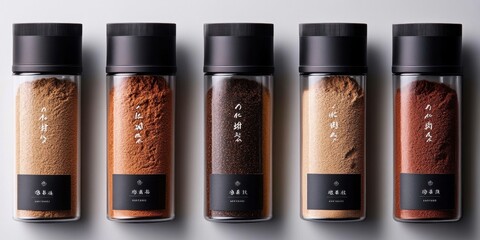 Assorted asian spice jars with japanese labels for culinary use