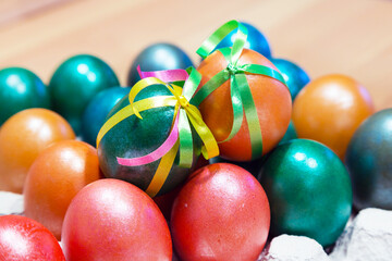 Colored bow decorated easter eggs