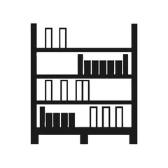 A simple black and white illustration of a threetiered shelving unit filled with books and other items