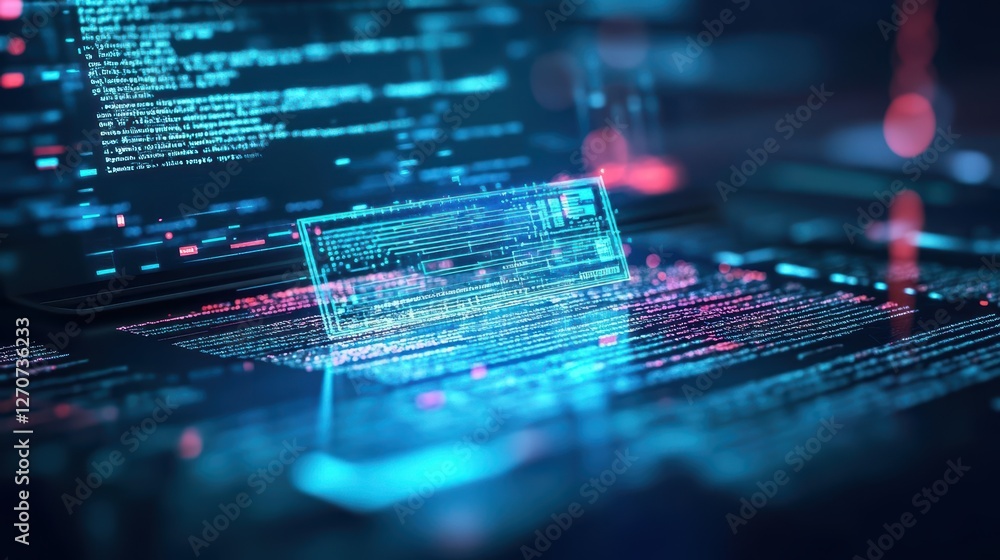 Poster vibrant computer screen illuminated by striking blue and red background evoking a dynamic and engagi