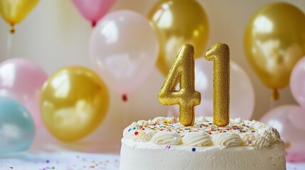 Golden 41th Birthday Celebration with Cake and Balloons