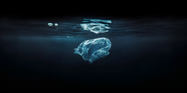 A single plastic bag floats eerily in dark water, highlighting the pervasive issue of ocean plastic pollution.