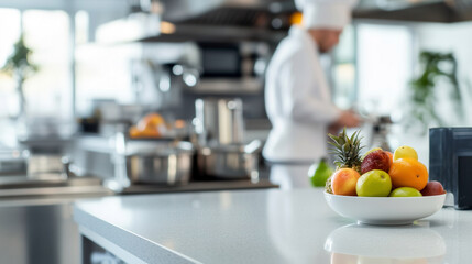 Organized Kitchen with Decluttered Counters, A sparkling clean kitchen with decluttered counters, neatly arranged utensils, and fresh fruit in a bowl on the island.