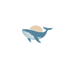 Blue Whale Illustration with Sunset in Minimalist Artistic Style
