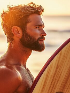 Bearded Surfer Enjoying Summer Vacation on Beach