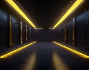 3d rendering of yellow neon glowing spaceship corridor hallway background. Scene for advertising, showroom, technology, future, modern, sport, game, metaverse. Sci Fi Illustration. Product display.
