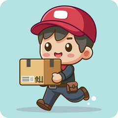 A delivery  man in blue uniform holds a cardboard box in his hands, The Courier Brought The Parcel, Mascot Character, Vector illustrator