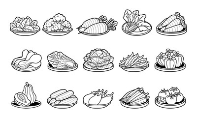 Vegetables in plate outline vector illustration set