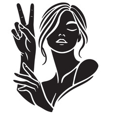 Vector Illustration of Woman Making Peace Sign Silhouette Stylish Design