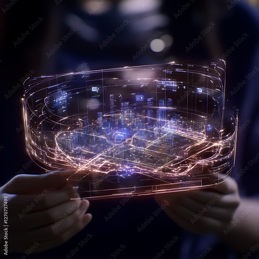 Poster interactive digital cityscape interface in hands displaying high tech data visualizations
