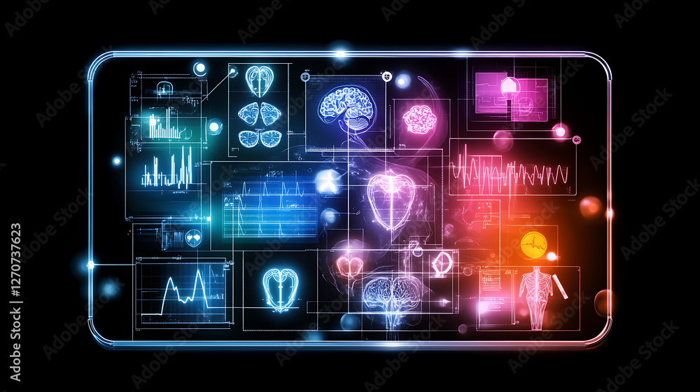 Poster interactive medical data display on futuristic device with vital organ and signal visualizations