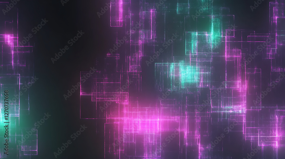 Poster interconnected abstract grid network of glowing rectangles in pink and cyan tones technological desi