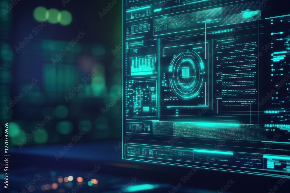 Poster futuristic computer screen displaying high-tech interface with bright graphics and interactive eleme