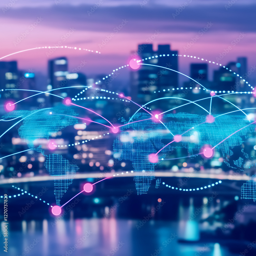 Poster interconnected global network on a world map overlaying a cityscape at dusk or dawn conceptual desig