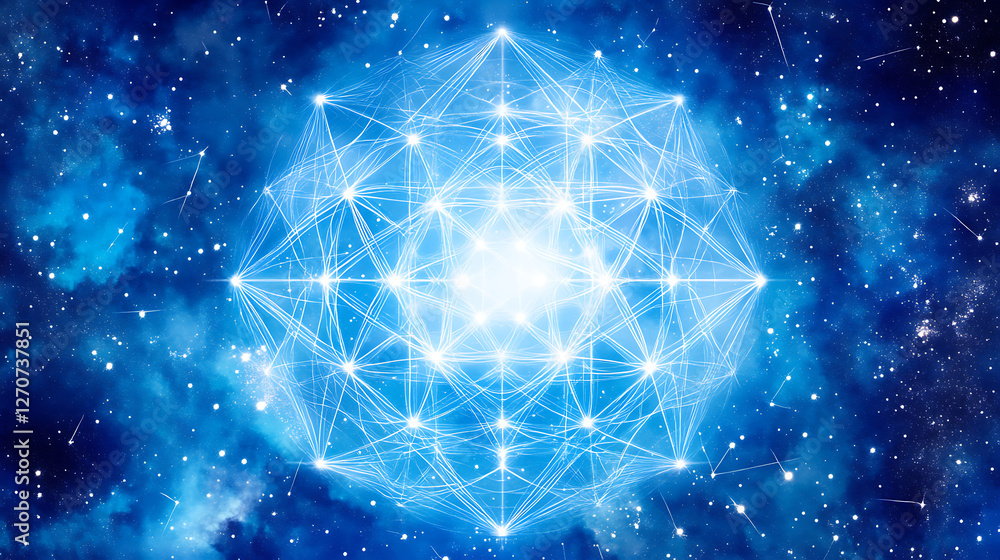 Poster interconnected geometric structure network in a starry space exploration concept background