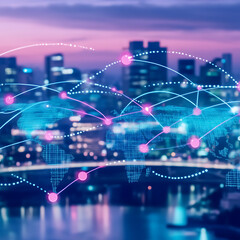 Fototapeta premium Interconnected Global Network on a World Map Overlaying a Cityscape at Dusk or Dawn Conceptual Design