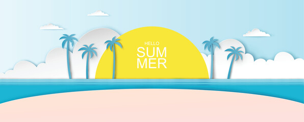 Illustration of sea scenery in summer with clear sky. Hello Summer poster. Sea landscape. paper cut and craft style. vector, illustration.