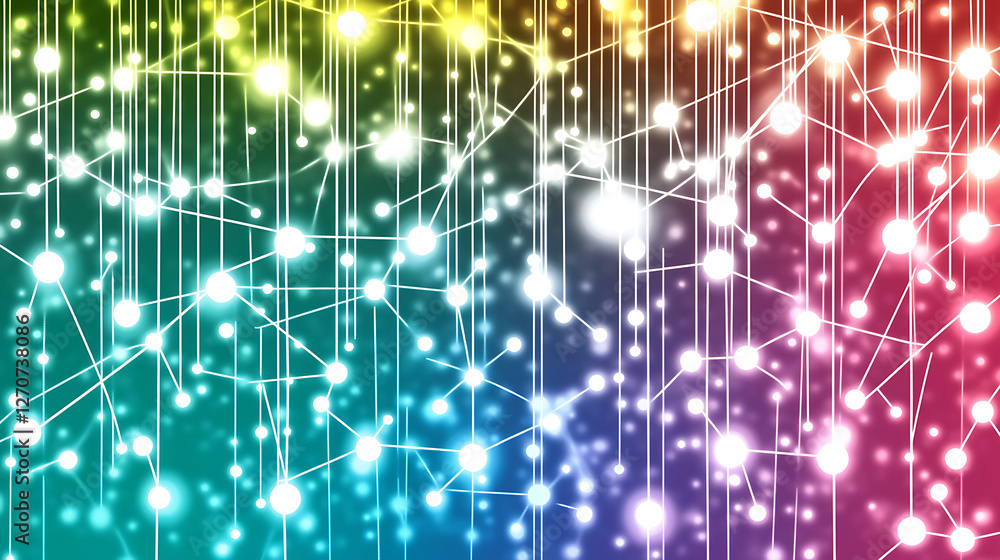 Poster interconnected network data points on gradient backdrop representing complex digital systems