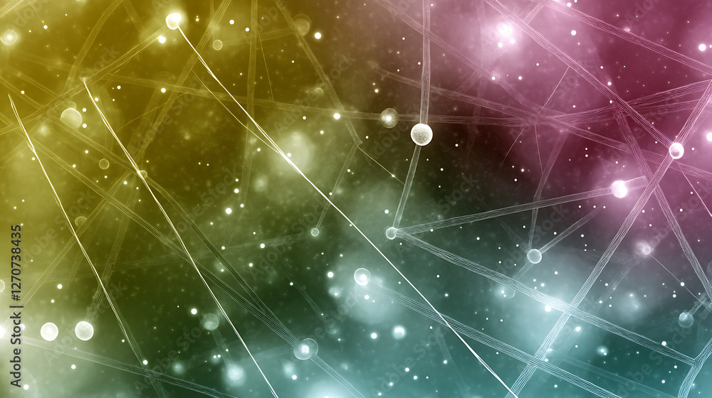 Poster interconnected network of nodes with lines and glowing particles in a colorful abstract space