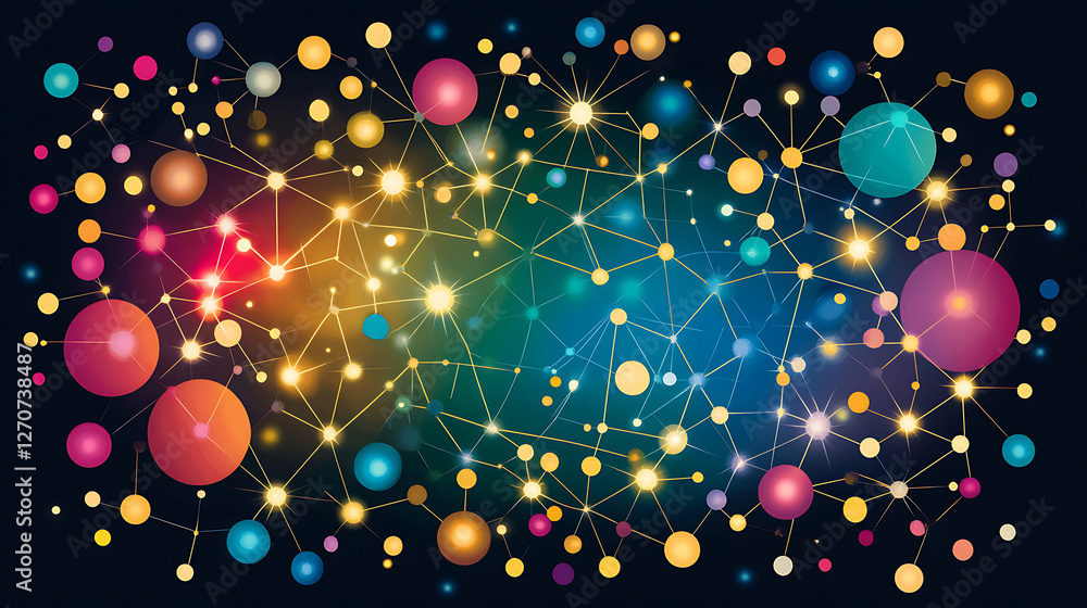 Poster interconnected network of spheres radiating light and energy across a colorful abstract space
