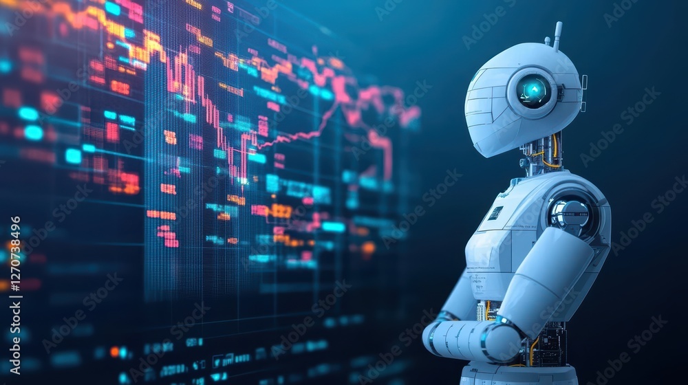 Poster futuristic robot standing resiliently in front of a brightly lit digital screen displaying complex g