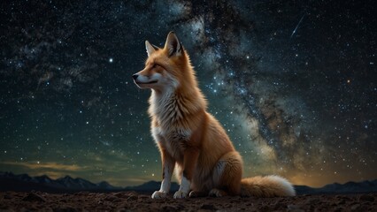 Fototapeta premium A celestial fox with luminous constellations on its fur, standing beneath the Milky Way.