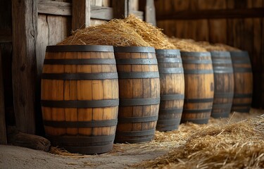 Straw is piled next to a row of old wooden barrels.