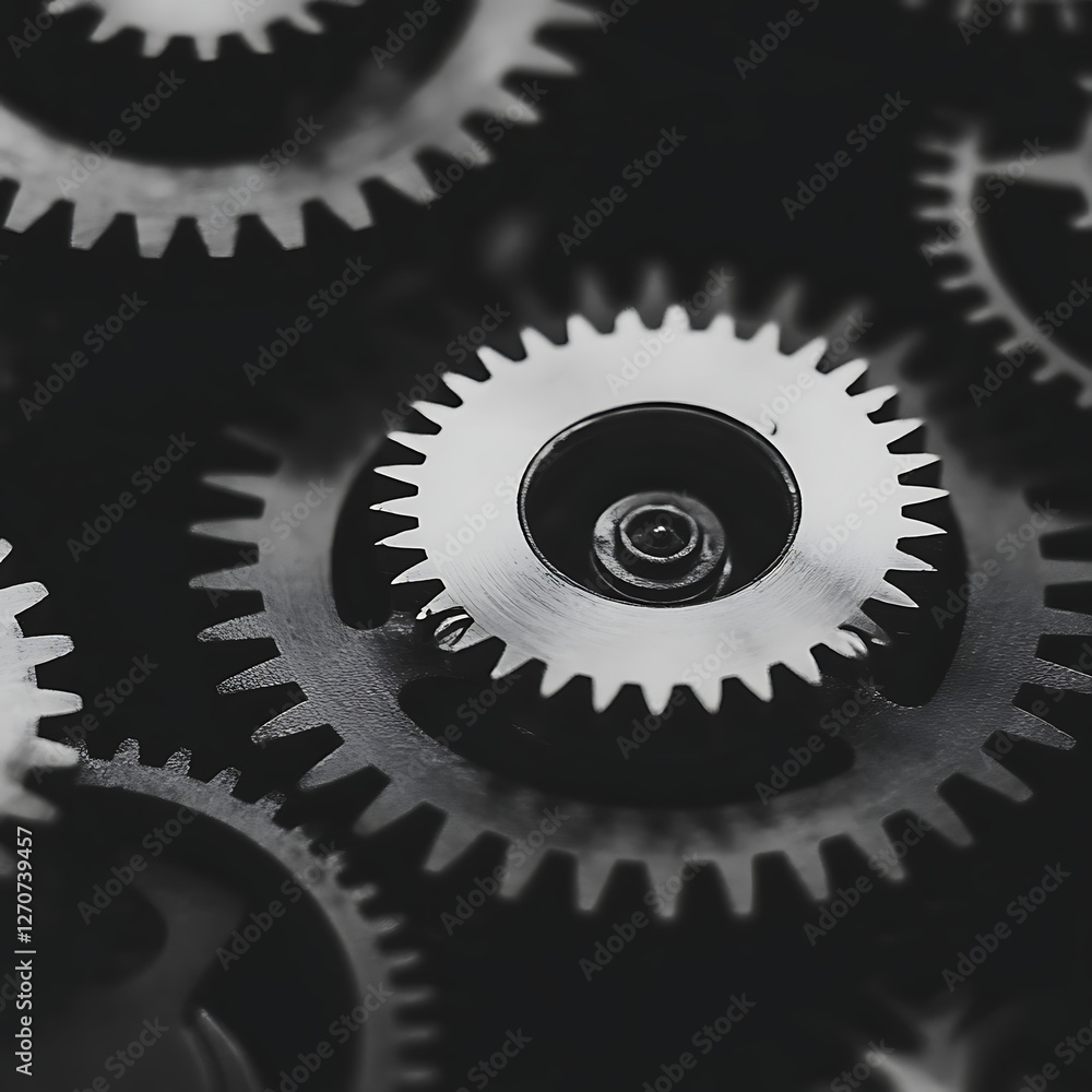 Poster interlocked gears in precision mechanics featuring cogwheels and engineering precision work in black