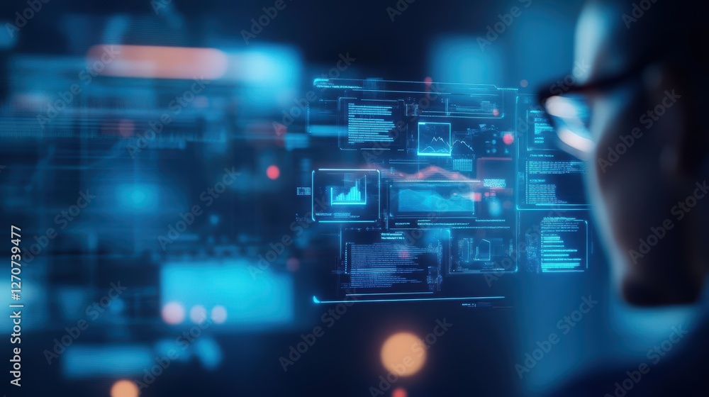 Poster focused man engaged with computer screen illuminated by soft blue background conveying a sense of co