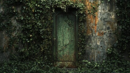 Beautifully Rustic Green Door Surrounded by Lush Greenery and Weathered Stone Walls in an Abandoned Setting