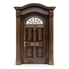 Majestic Wooden Entryway with Arched Glass Inset Isolated on White