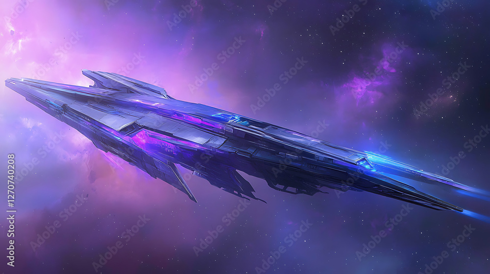 Poster interstellar spaceship navigating through cosmic nebula in futuristic space exploration artwork